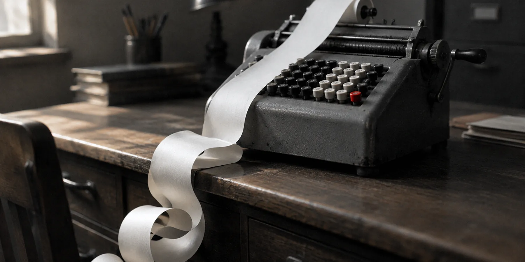 Una calculadora mecánica con el rollo de papel cayendo por el borde de la mesa