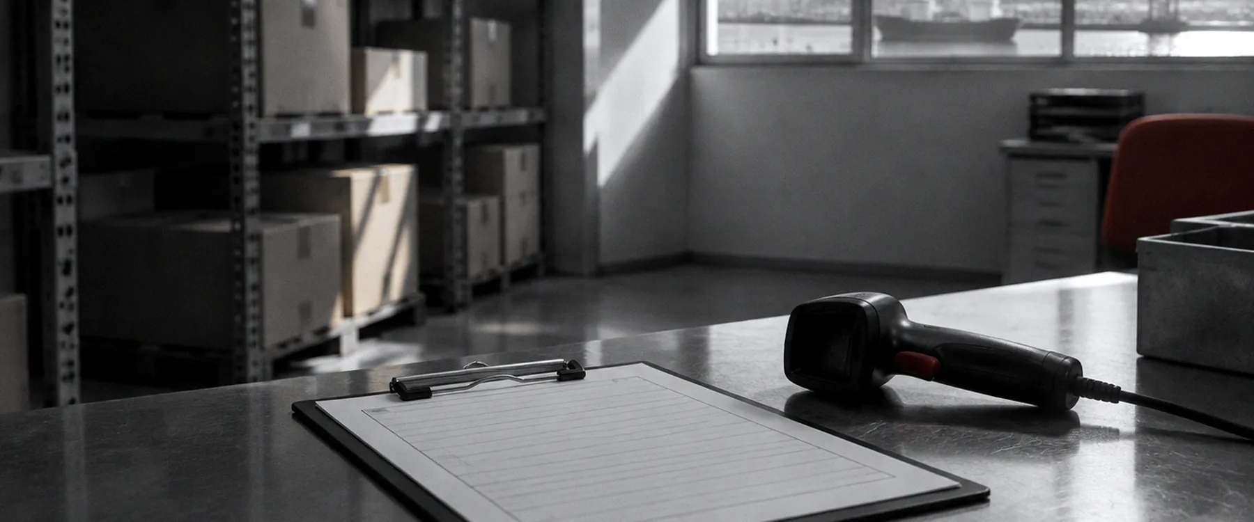 A warehouse counter with a delivery note on a clipboard, a barcode scanner and the port outside the window