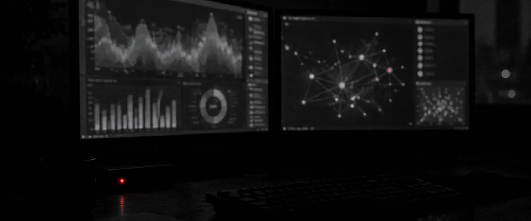 Two screens lit at night showing run charts and a small red status light